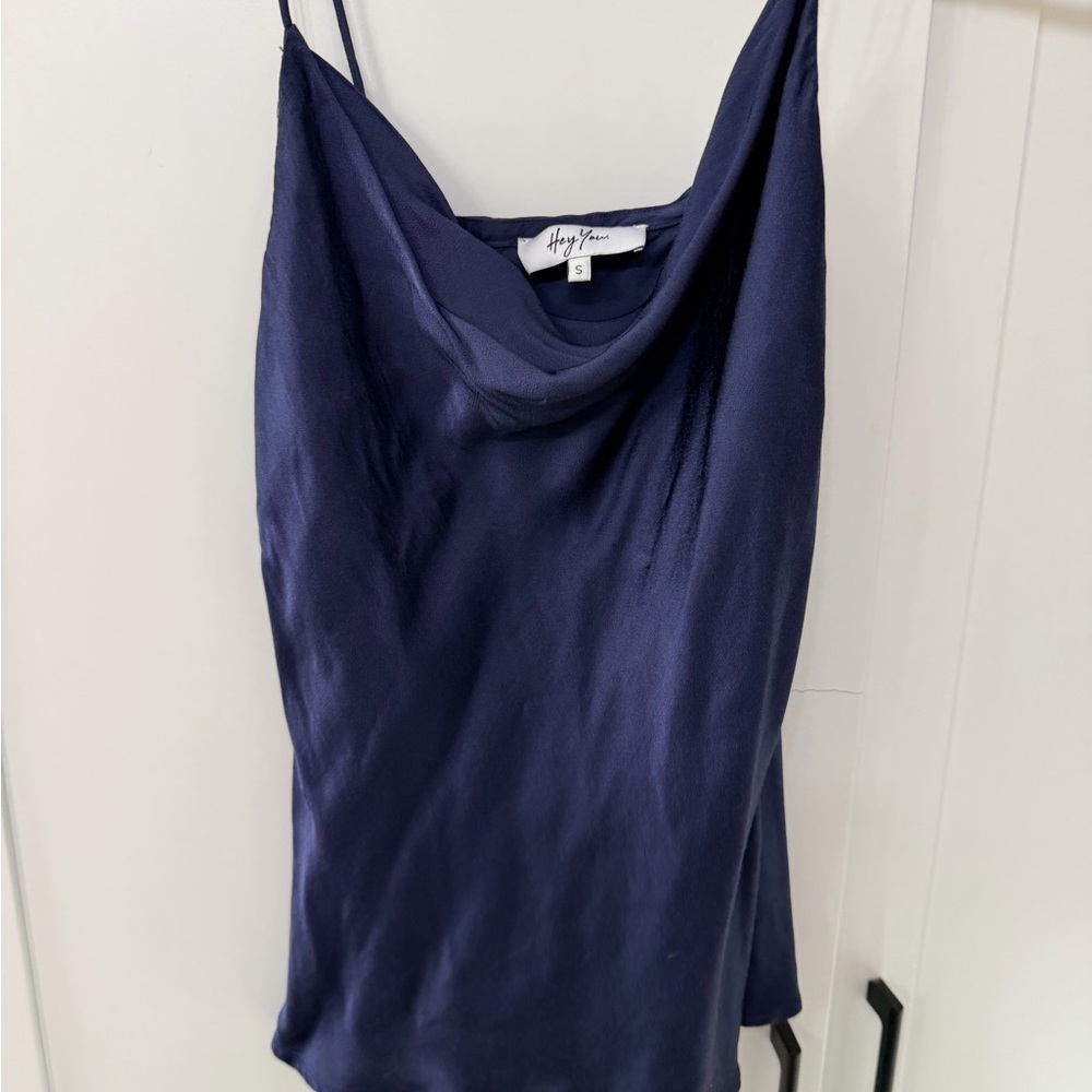 Navy satin cowl-neck camisole by House of Harlow 1960